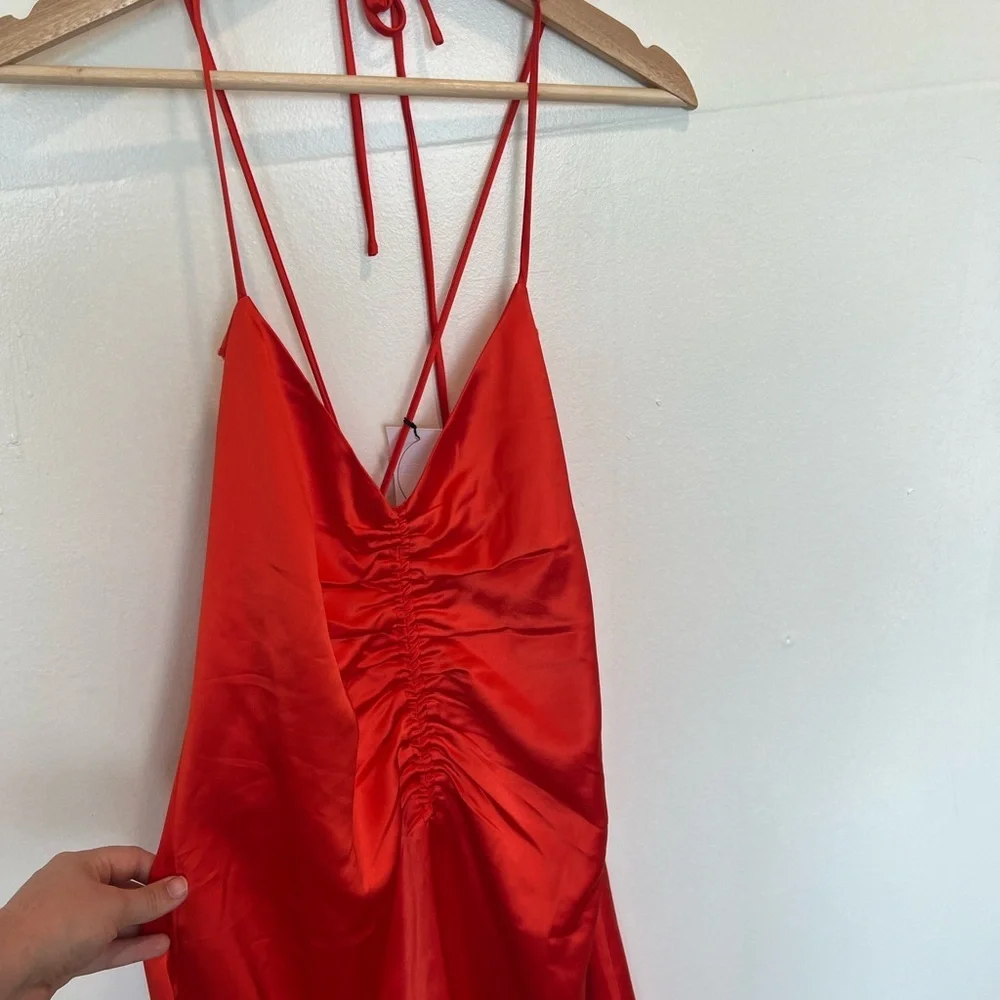 Jason Wu NWT Orange Strappy Ruched Plunge Neckline Midi Slip Dress Size Large - Picture 6 of 10